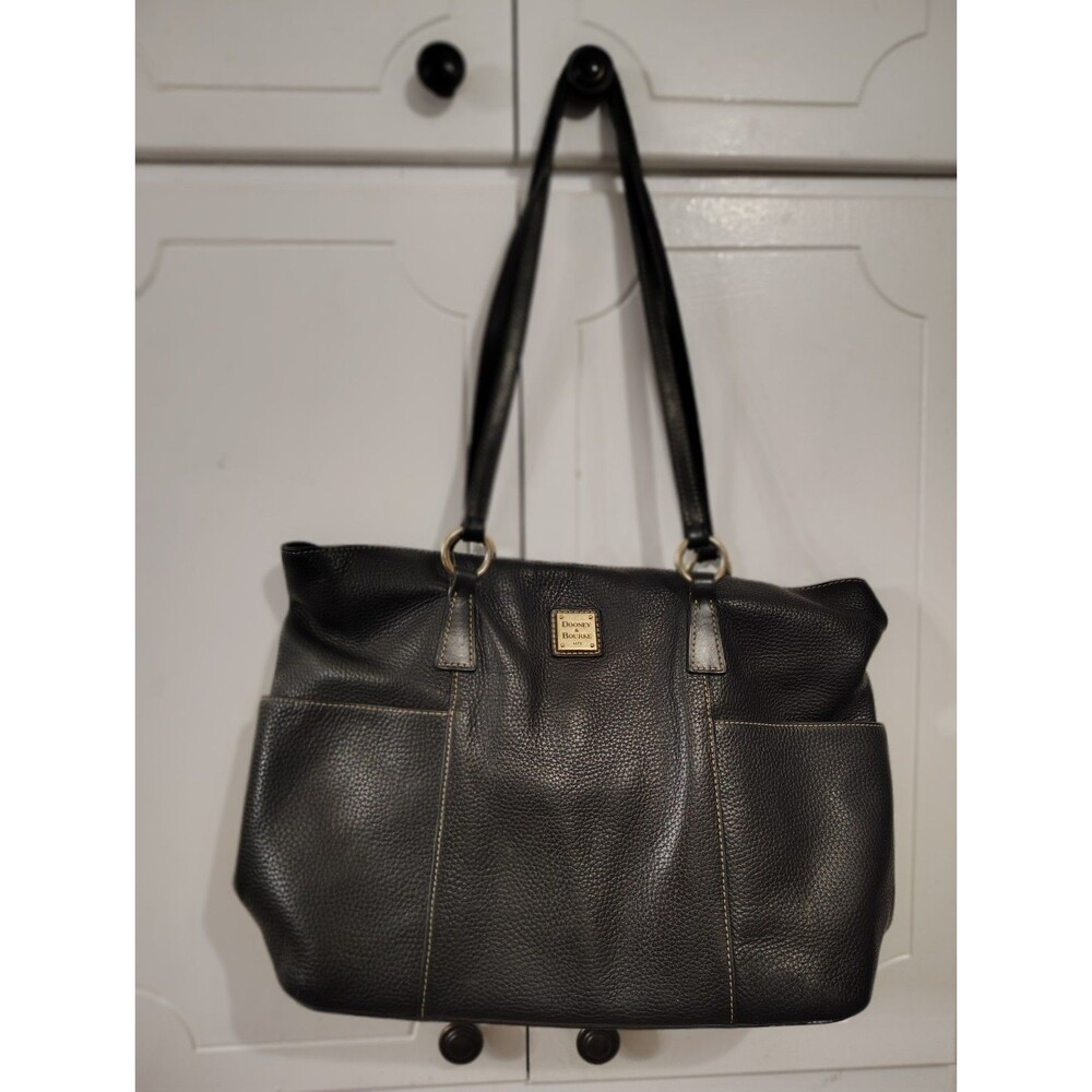 Dooney & Bourke Pebbled Black Tote Shoulder Bag Gold Hardware Outer Pockets